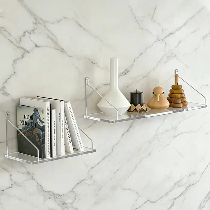 Étagère flottante en acrylique transparente à fixer au mur avec crochets adhésifs pour livres
