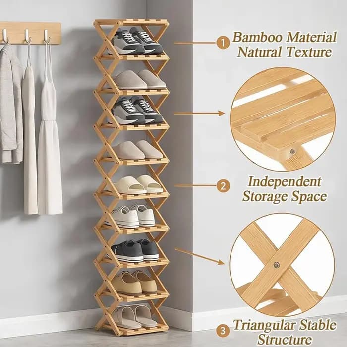 Organisateur de rangement pour chaussures à 10 niveaux en bois pliable