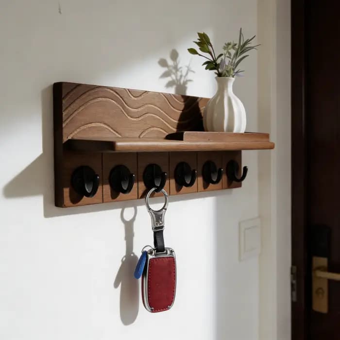Porte-clés mural décoratif - en bois de pin massif avec 6 crochets et étagère de rangement ultra profonde
