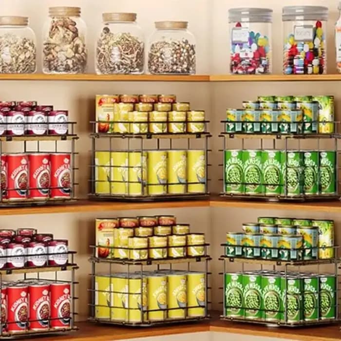 Étagère tournante à 2 niveaux peu encombrante pour le rangement en cuisine des canettes soupe des boissons B03E