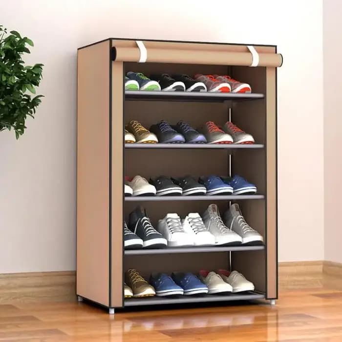 Organiseur de chaussures avec housse en tissu pour 9 à 27 paires, disponible en plusieurs niveaux (4-10), dimensions totales 160 x 30 x 60 cm