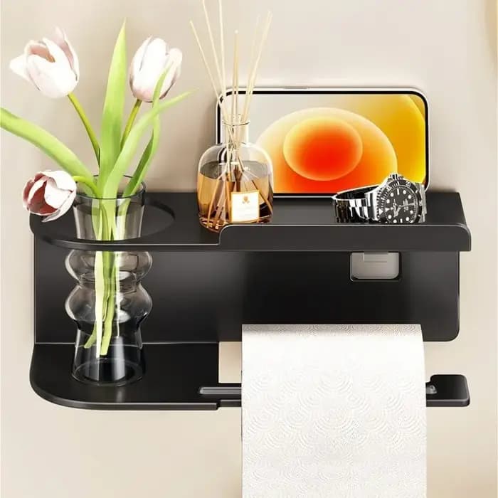 Porte-papier hygiénique mural avec distributeur de rouleaux et étagère de rangement – Organisateur peu encombrant pour toilettes à la maison