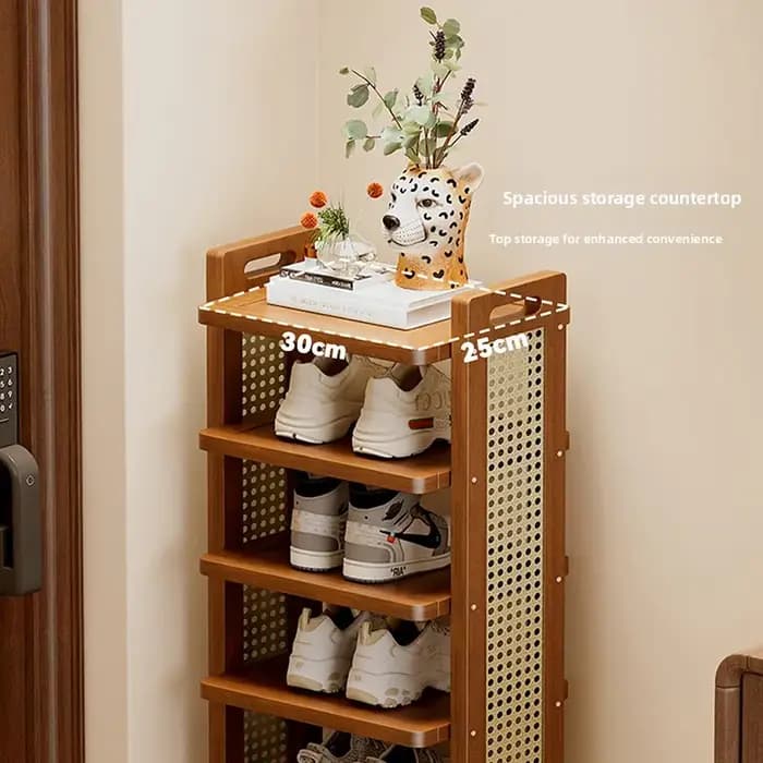 Étagère à chaussures étroite en bambou et rotin