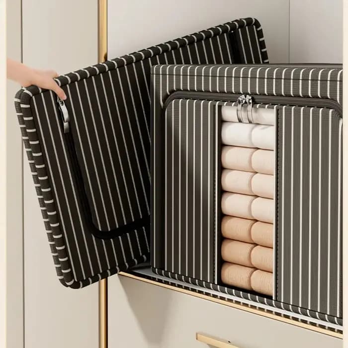Organisateur de garde-robe rayé Oxford – Boîte de rangement pour maison/vêtements avec poignée et fenêtre
