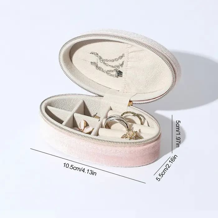 Boîte à bijoux en velours – Organiseur ovale compact avec compartiments divisés et crochet pour collier | Rangement de