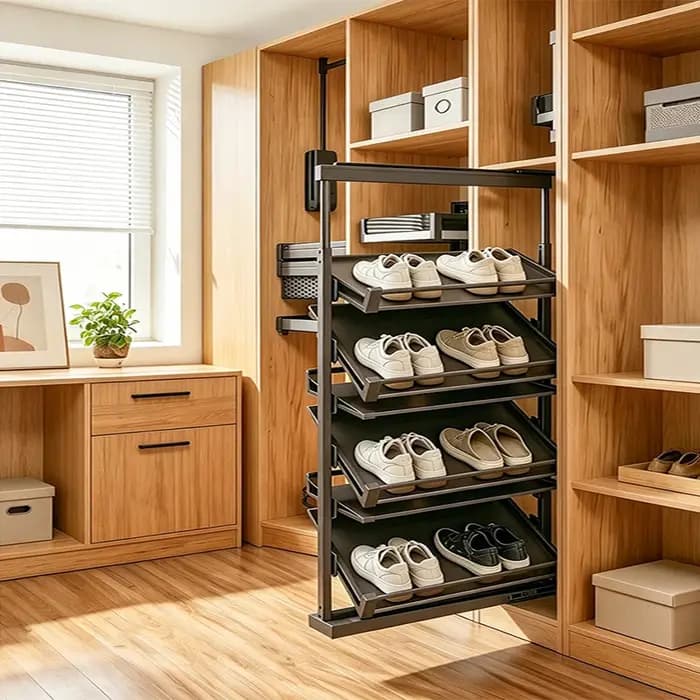 Range-chaussures coulissant pour armoire profonde d'escalier