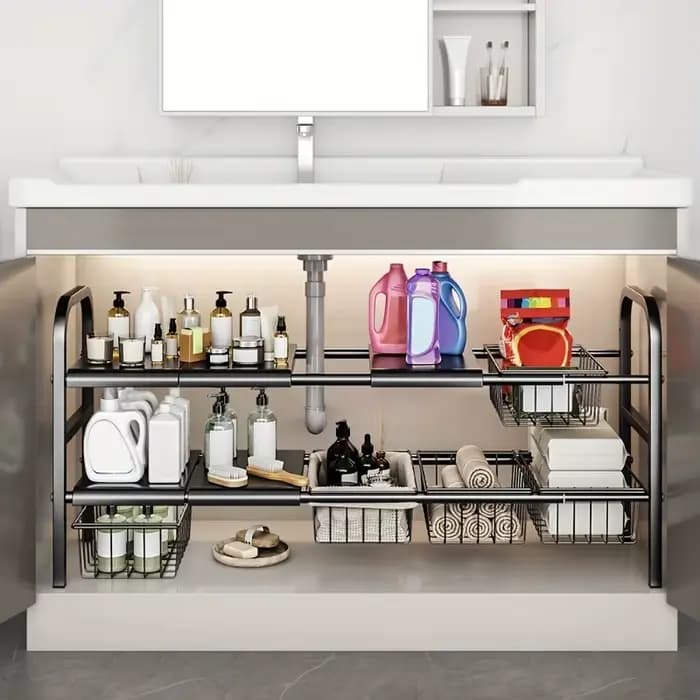 Organisateurs de sous évier de cuisine multi-usages, étagère d'armoire extensible, évaluation du sto