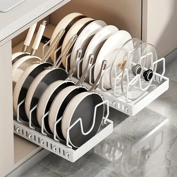 Étagère de rangement pour ustensiles de cuisine et poêles avec boîte
