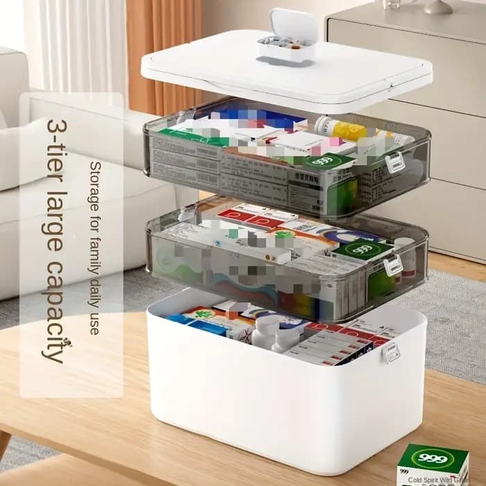 Boîte de rangement de médicaments multi-couches - Organisateur d'urgence familial portable avec fermeture à pression