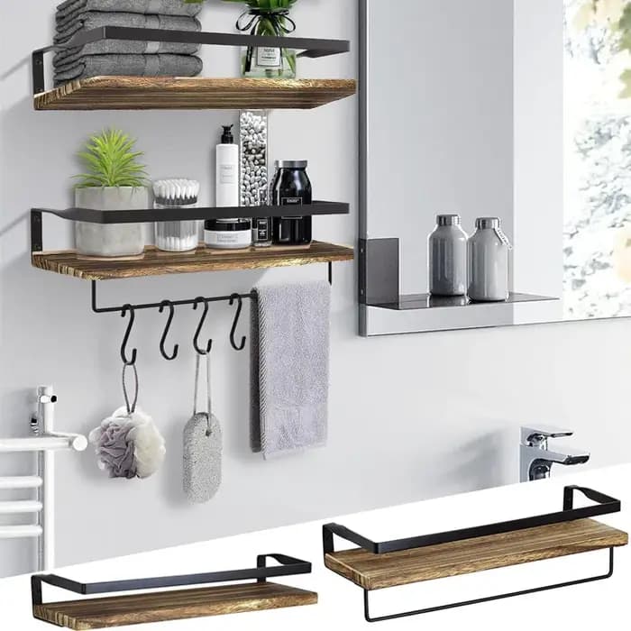 Accessoires de salle de bain et de cuisine : Étagère murale flottante en bois massif à fixer par perçage, pour rangement d'accessoires et matériel de rangement.