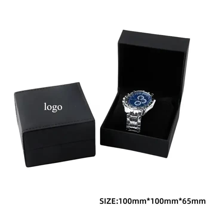Boîte de rangement de montre à clapet carré en cuir PU noir mat