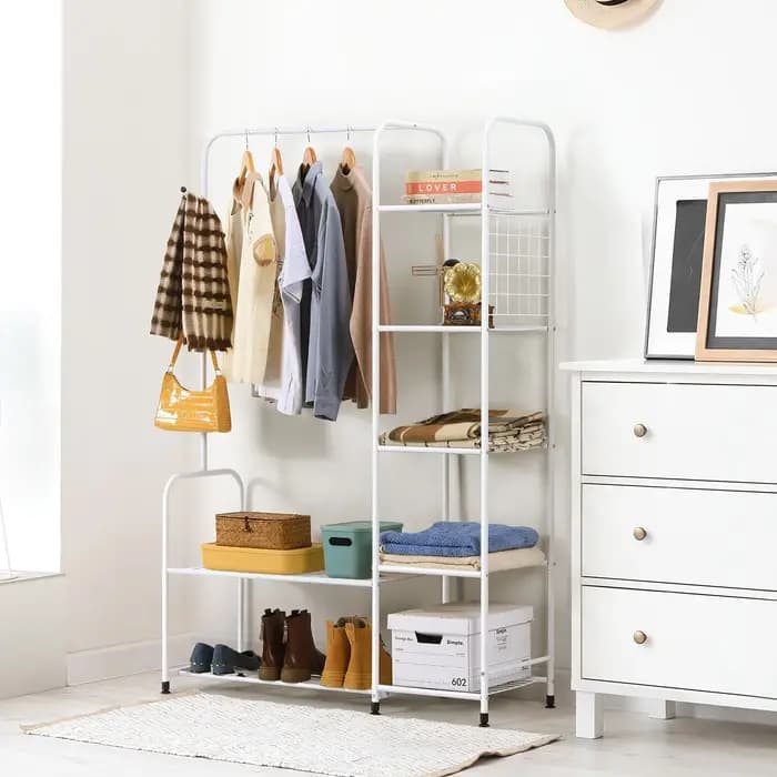 Vêtements autoportants T1 avec étagères, porte-vêtements pour confronterVêtements avec chaussure T1