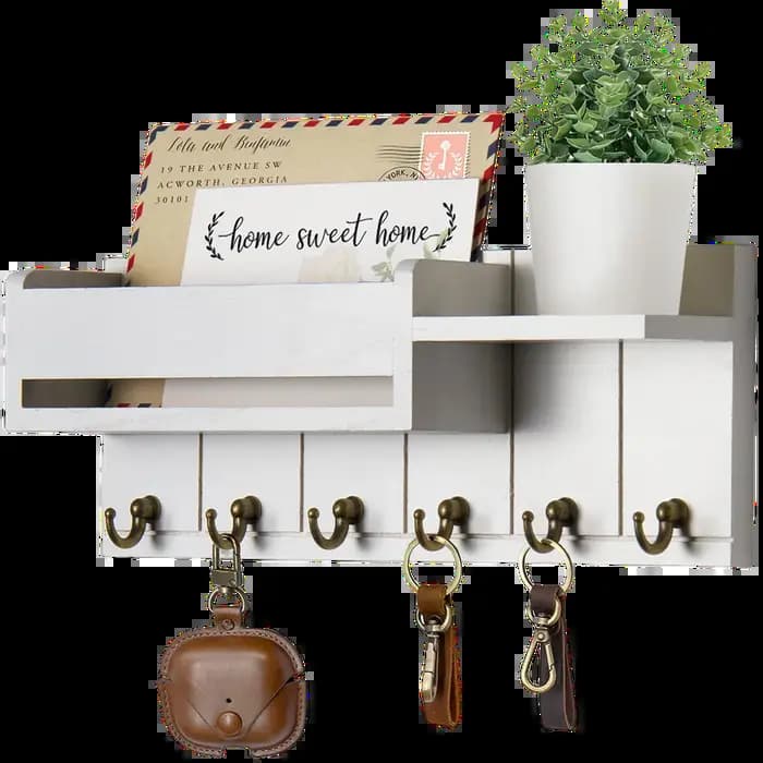 Décor d'entrée à la maison : étagère murale rustique en bois avec 6 crochets pour courrier et clés