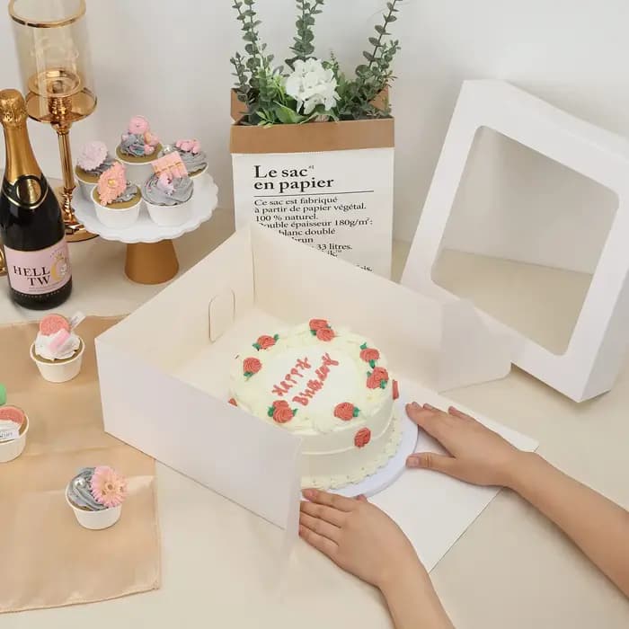 Boîte à Gâteaux en Carton Blanc et Marron avec Fenêtre Transparente