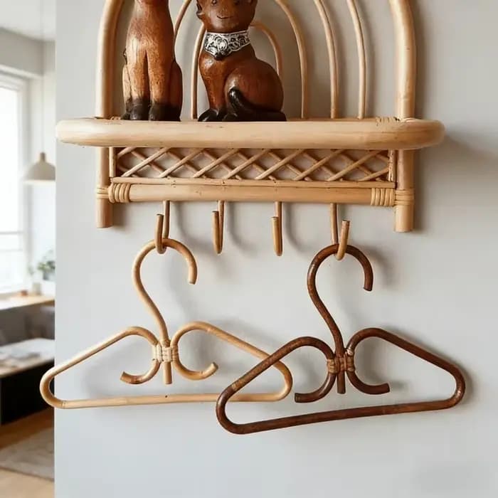 Porte-vêtements de rangement pour placard de chambre en rotin naturel fait main avec crochets et cintres