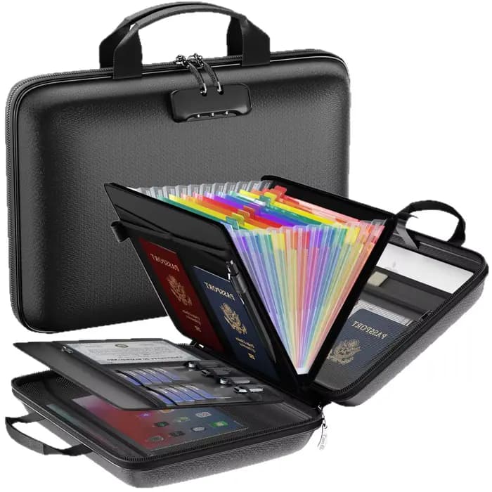 Boîte de rangement pour documents ignifuge, étui rigide avec serrure et 13 poches, stockage sécurisé