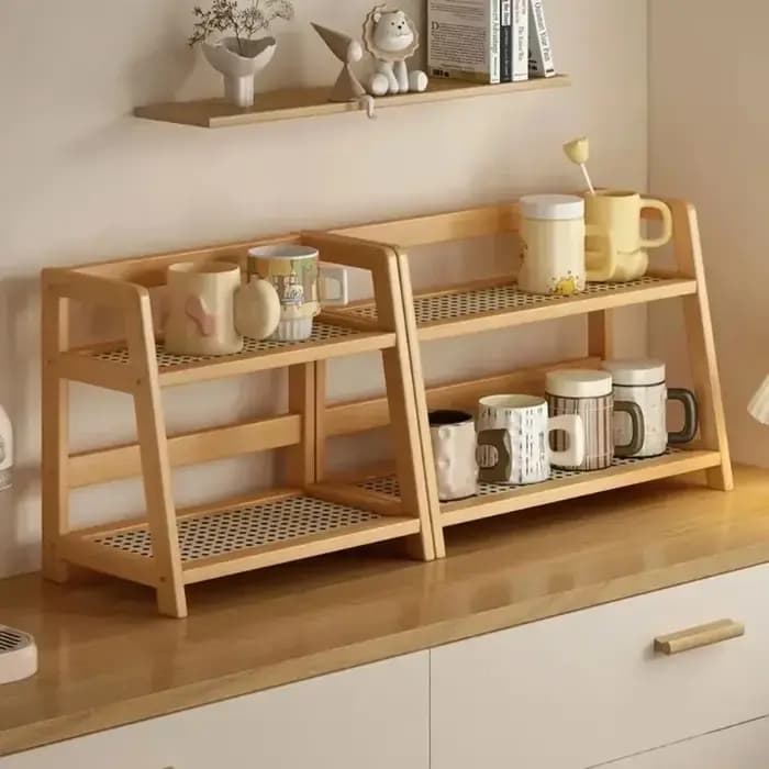 Étagère de rangement rétro en bambou à 2 niveaux