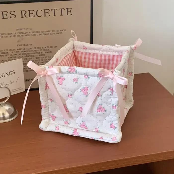 Panier de rangement matelassé pliable en tissu avec jolie décoration en nœud, boîte de rangement de bureau pour chevet et commode