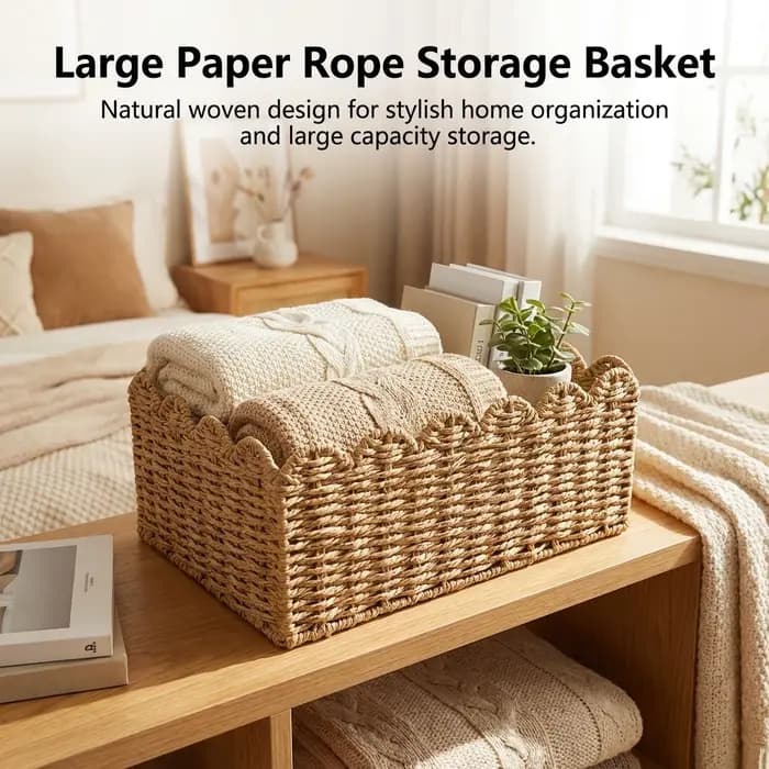 Panier de rangement polyvalent en osier grande capacité en corde de papier pour l'organisation de la chambre et du salon