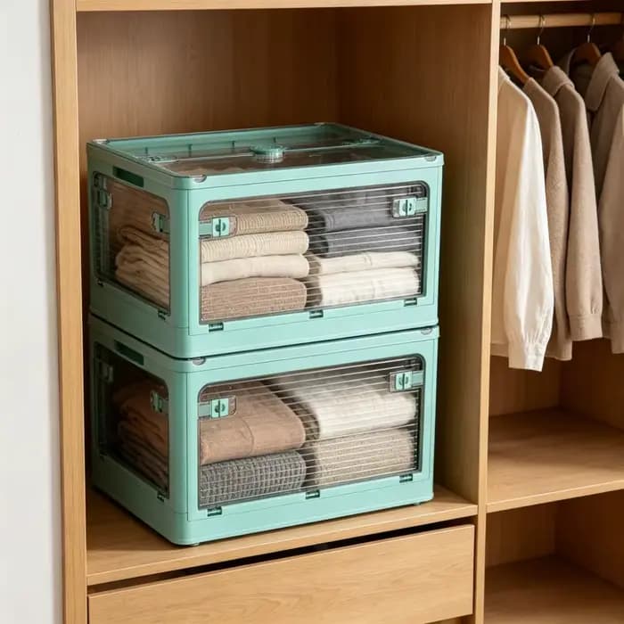 Boîte de rangement pliable pour livres avec cinq compartiments empilables transparents pour vêtements