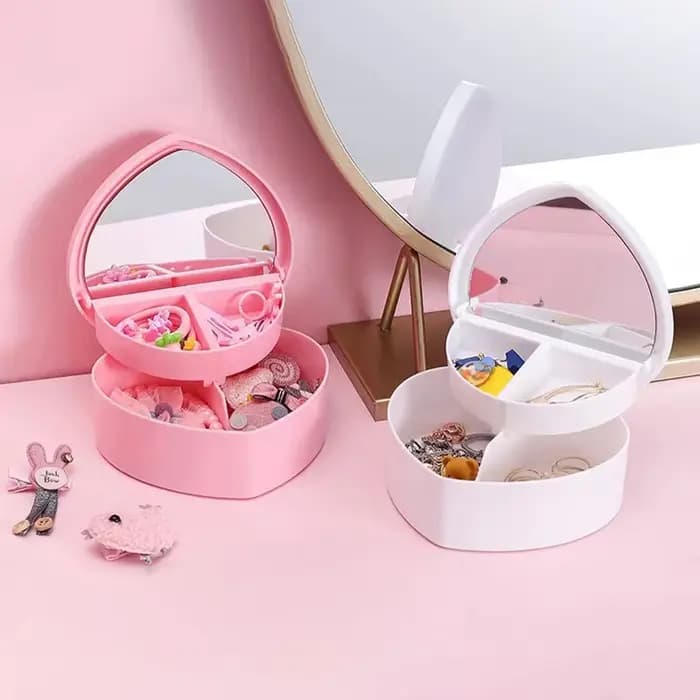 Boîte de rangement pour bijoux en forme de cœur pour filles avec miroir, en plastique rose et blanc, organisateur de bracelets et de bandeaux pour cheveux, présentoir de bijoux pour filles à poser sur