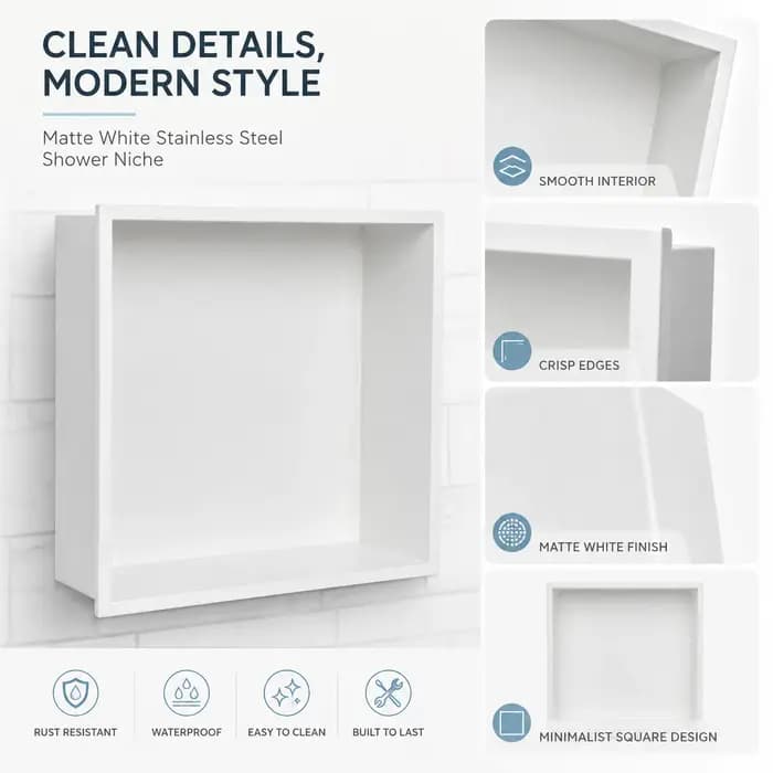 Niche de douche en acier inoxydable blanc mat 12 x 12 x 4 pouces