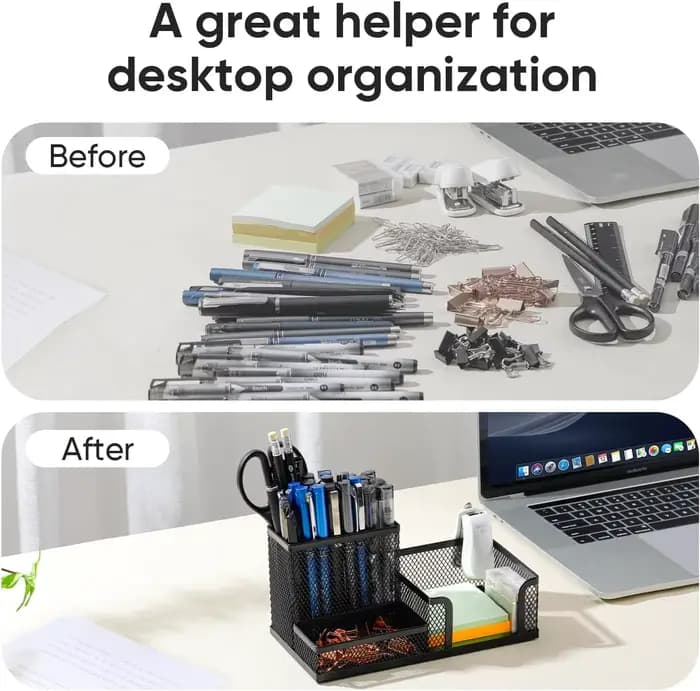 Organisateur de bureau en maille noire – Rangement à 3 niveaux avec porte-crayons et paniers