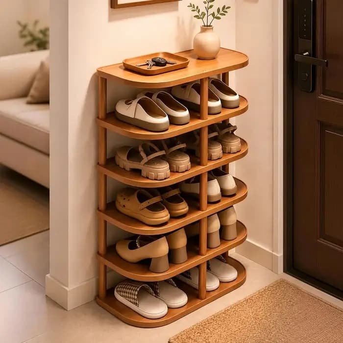 Meuble à chaussures d'entrée multi-niveaux, étroit et compact, idéal pour la location, rangement simple pour chaussures d'intérieur.