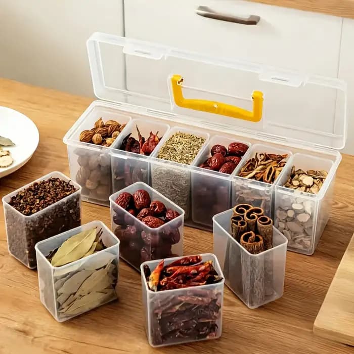 Ensemble de 7 contenants à épices avec couvercles, boîtes à assaisonnements empilables et compartimentées, organisateur alimentaire transparent hermétique pour la cuisine