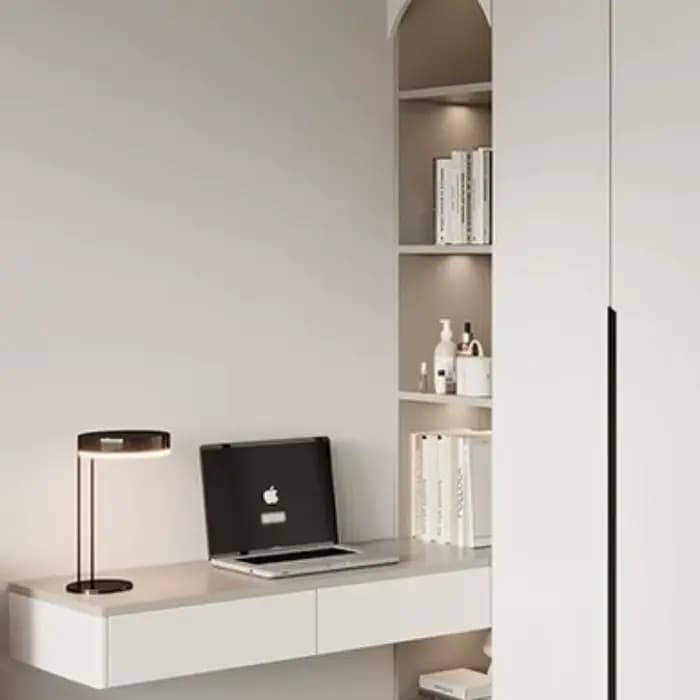 Armoire îlot gain de place avec bibliothèque et bureau intégré pour chambre à coucher