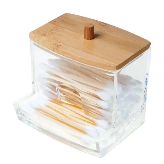 Boîte à coton-tige-couvercle en bambou Transparent
