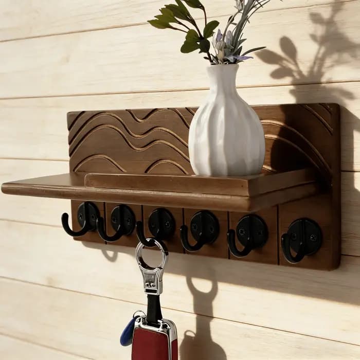 Porte-clés mural décoratif - en bois de pin massif avec 6 crochets et étagère de rangement ultra profonde