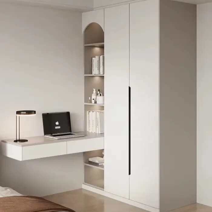 Armoire îlot gain de place avec bibliothèque et bureau intégré pour chambre à coucher