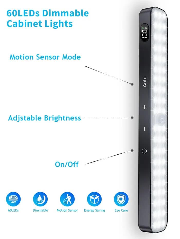 Lumières d'armoire WILLED, affichage de batterie Rechargeable, 60 LED, capteur de mouvement, lumière d'armoire, veilleuse à commande tactile à intensité variable