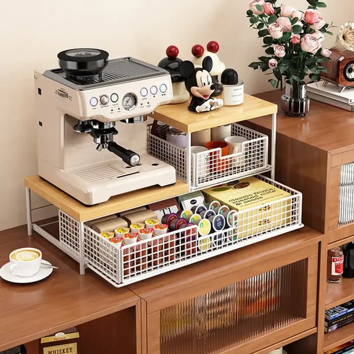 Organisateur de comptoir de cuisine peu encombrant avec tiroir et panier en fil métallique - Étagère robuste en bois dur pour machine à café.