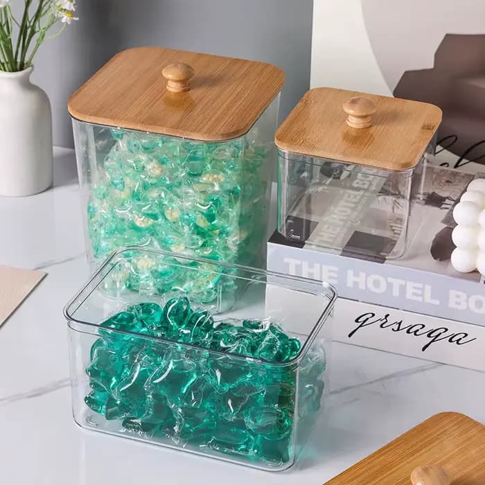 Boîte de rangement de poudre à lessive avec couvercle en bambou