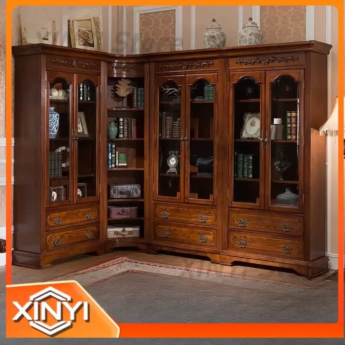 Bibliothèque de bureau en bois massif avec porte vitrée