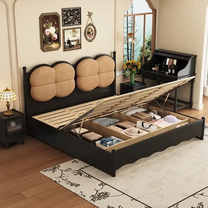 Lit en bois massif 150x200cm pour 2 personnes, avec tête de lit design, style nordique, avec rangement, lit double Queen Size, mobilier de chambre à coucher pour mariage