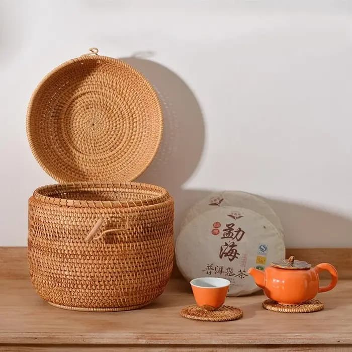 Boîte de rangement de thé en rotin tissé à la main avec couvercle