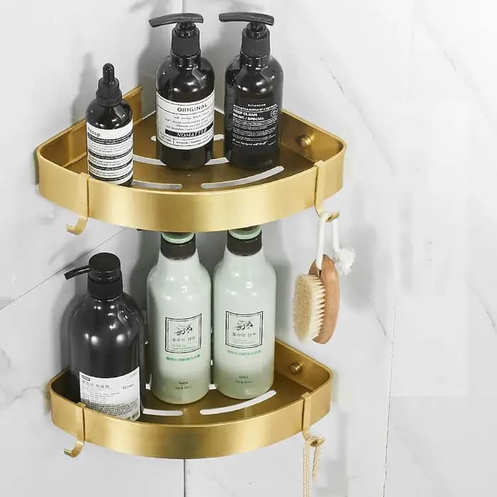 Étagère d'angle de salle de bain en métal doré brossé