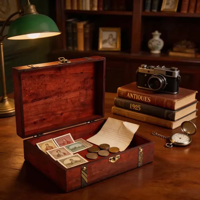 Boîte de rangement vintage en bois foncé avec accents en laiton