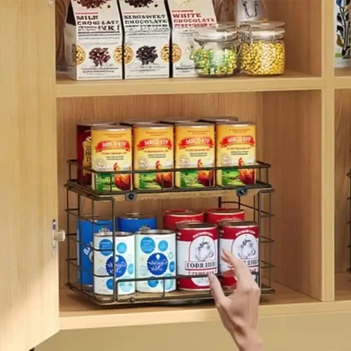 Étagère tournante à 2 niveaux peu encombrante pour le rangement en cuisine des canettes soupe des boissons B03E