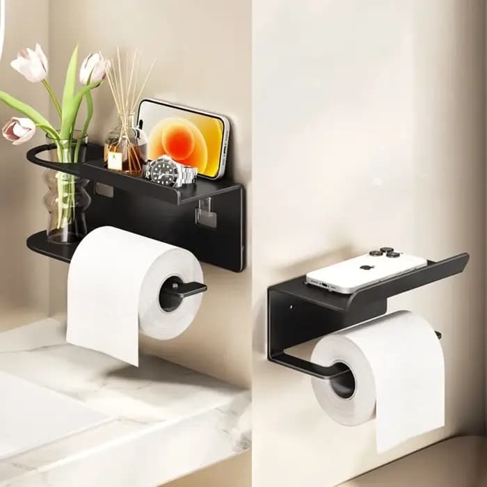 Porte-papier hygiénique mural avec distributeur de rouleaux et étagère de rangement – Organisateur peu encombrant pour toilettes à la maison