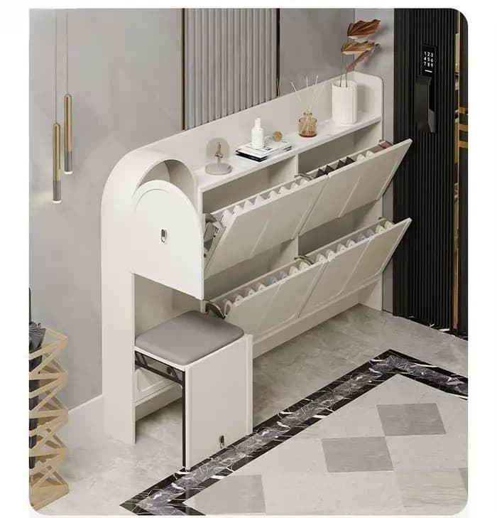 Meuble à chaussures moderne en bois crème ultra-fin et étroit avec tabouret confortable, organisateur de rangement pour entrée de maison