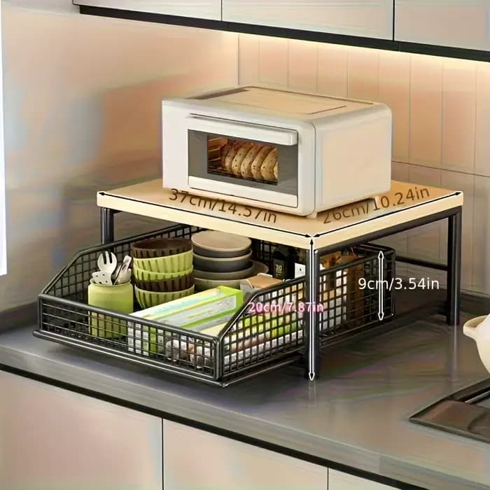 Étagère de rangement de cuisine à 2 niveaux - avec tiroirs + paniers en maille