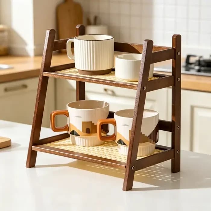 Organisateur de comptoir à 2 niveaux en bambou - Étagère multifonctionnelle pour porte-tasses à café pour la cuisine