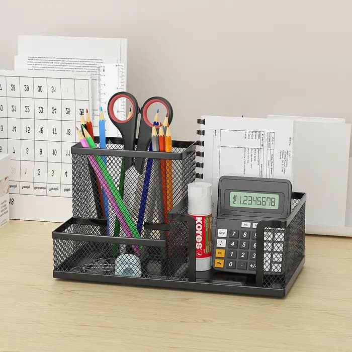 Organisateur de bureau en maille noire – Rangement à 3 niveaux avec porte-crayons et paniers