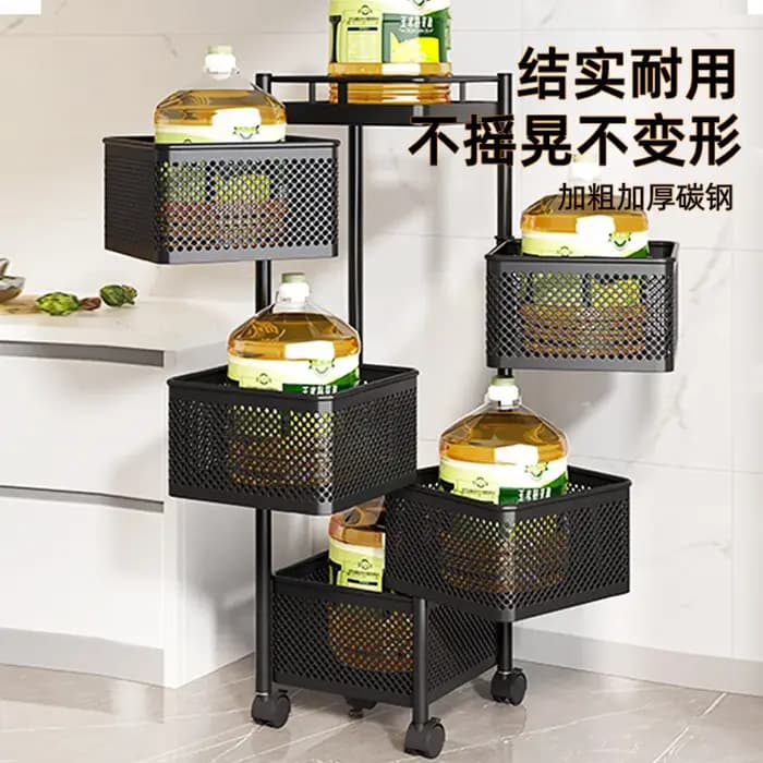 Étagère carrée de cuisine avec roulettes, chariot de rangement rotatif, étagère de cuisine pivotante à 3, 4 ou 5 niveaux, chariot pratique