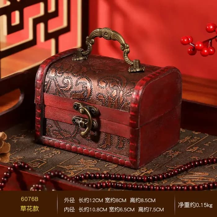 Boîte de rangement pour bijoux Yuan Datou en bois antique rétro avec cristal et pierre verte - Meill