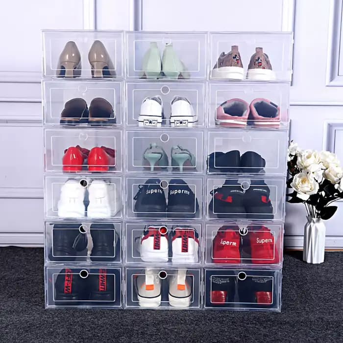 Boîte à chaussures transparente anti-poussière, organisateur de chaussures, boîte de rangement épaissie, armoire à chaussures combinée empilable, vente, 6 paquets